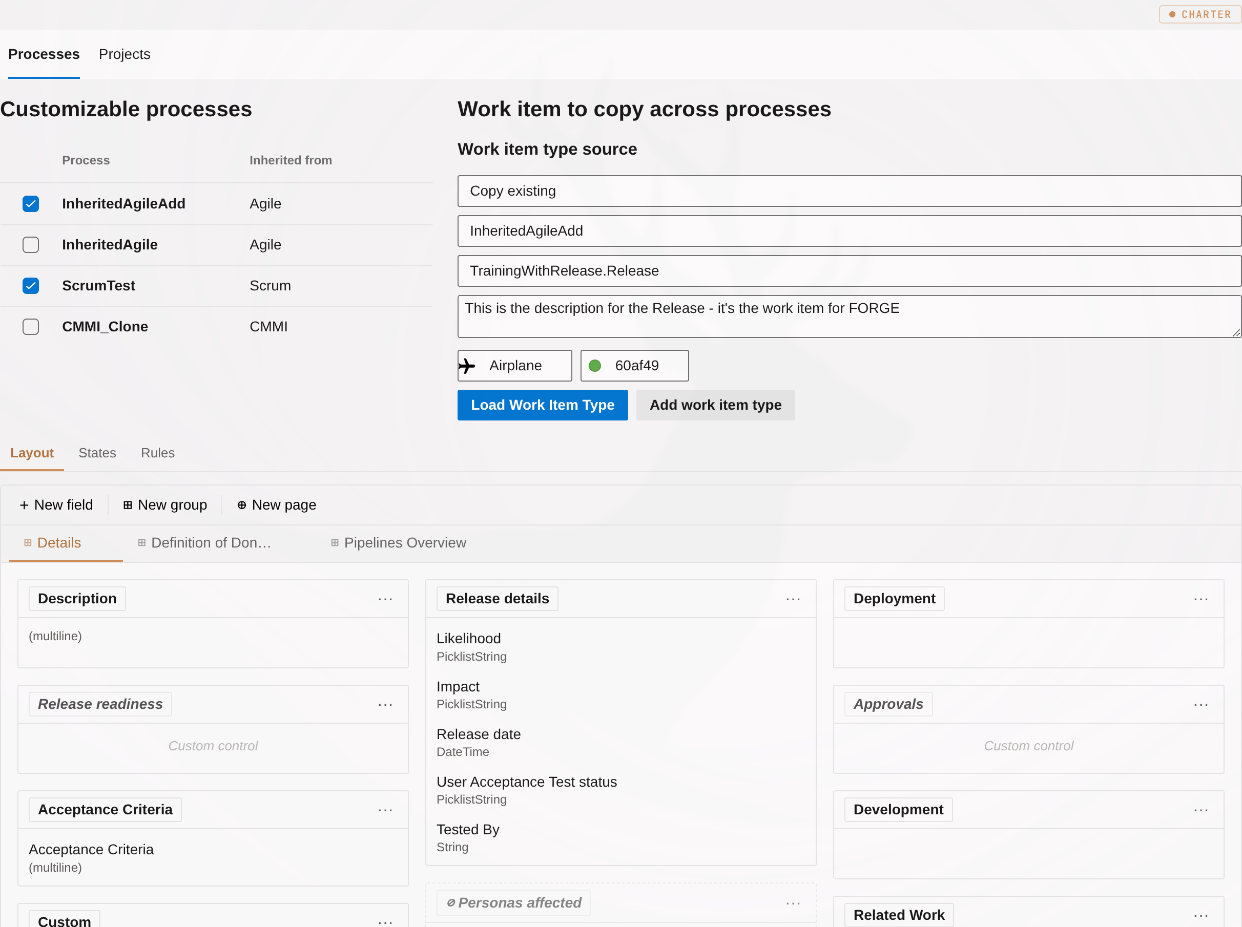 Charter — Work item type and field configuration
